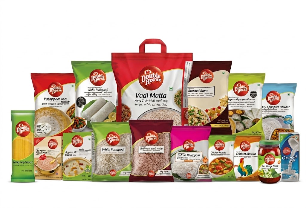 Double Horse product range: rice, appam mix, roasted rava, pickle, and more