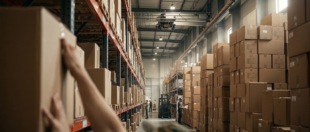 Warehouse staff picking stock among stacked boxes